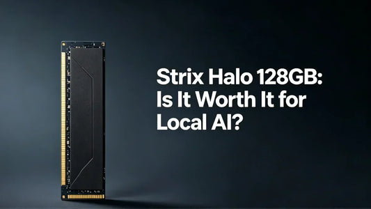 Strix Halo 128GB mini PC in dark gunmetal aluminum, dramatic low-angle studio product photography on dark reflective background