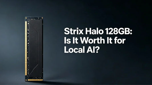Strix Halo 128GB mini PC in dark gunmetal aluminum, dramatic low-angle studio product photography on dark reflective background